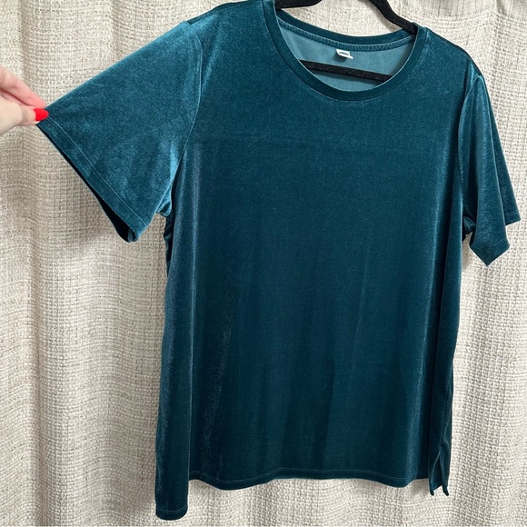 Old Navy Velour Velvet Short Sleeve Flowy Top Teal Blue Sz XL Boho Western Rodeo - Picture 4 of 7